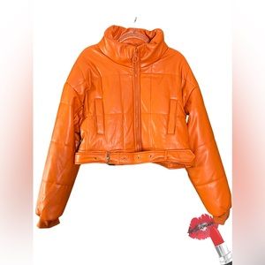 PRETTYLITTLETHING Coat Orange Faux Leather Cropped Puffer Jacket Womens Sz Large